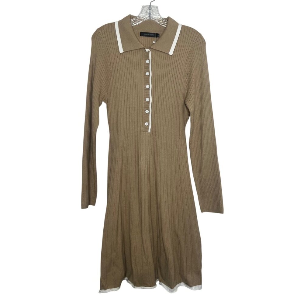 Merokeety Ribbed Knit Collared Dress Long Sleeve XL Tan New Button Front
